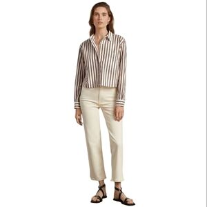 Everlane The Silky Cotton Way Short Shirt In Tan Stripe Button Up Size Small